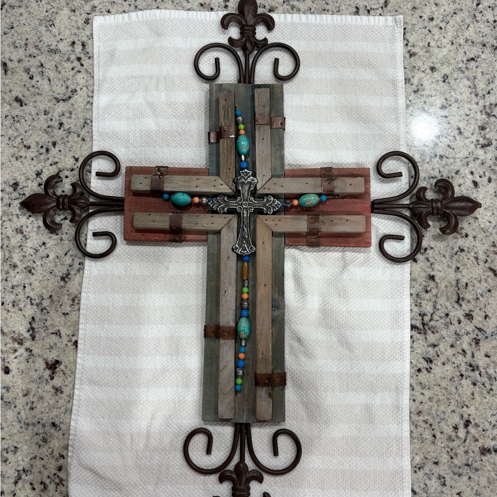 Decorative Wooden and Metal Cross with Turquoise Accents